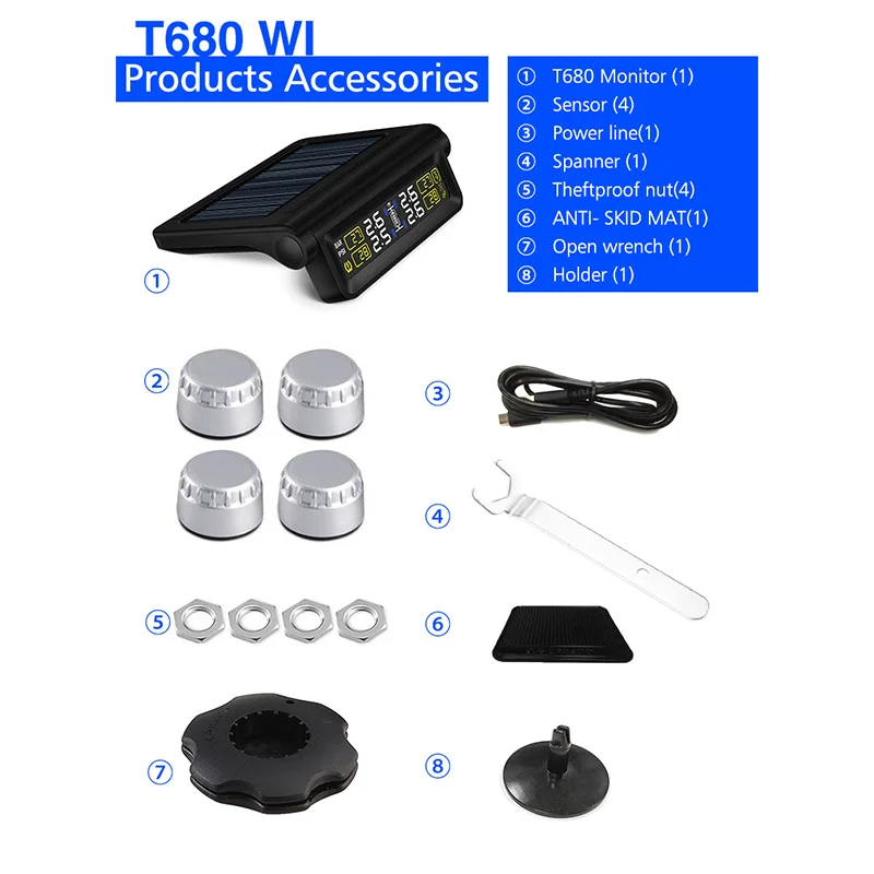 T680 WI Автомобильная TPMS система мониторинга давления в шинах Солнечная зарядка 4