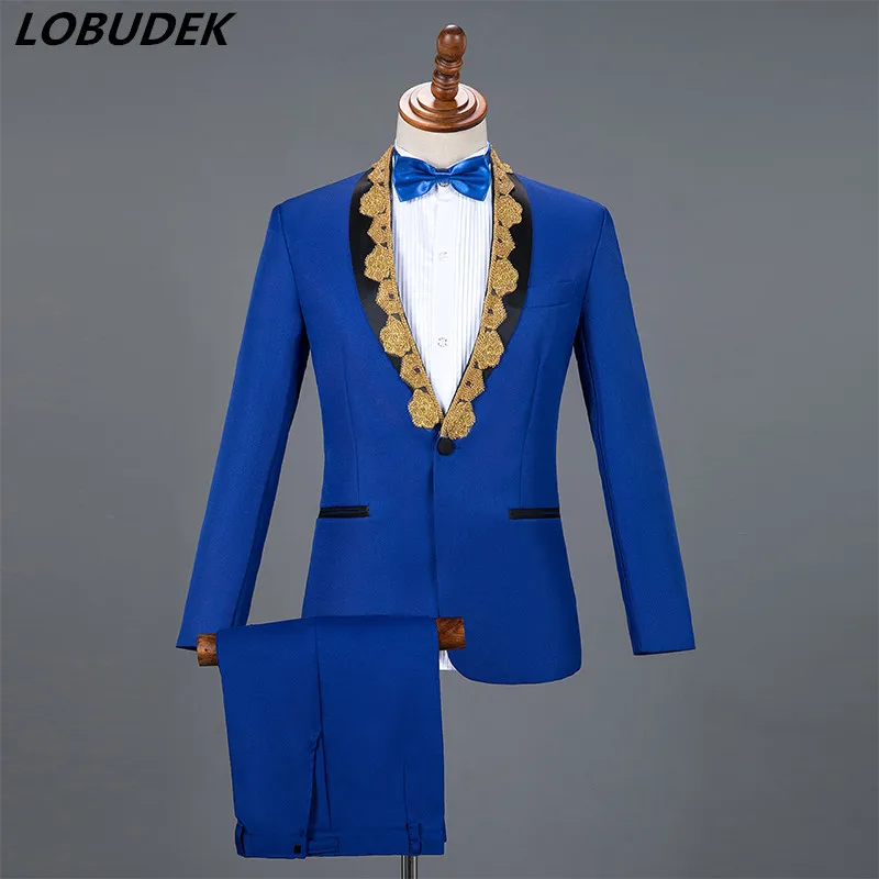 Blue Formal Men's Suits 4 Colors Embroidery Blazers Set Singer Host Concert Stage Outfits Chorus Clothing Wedding Party Dresses