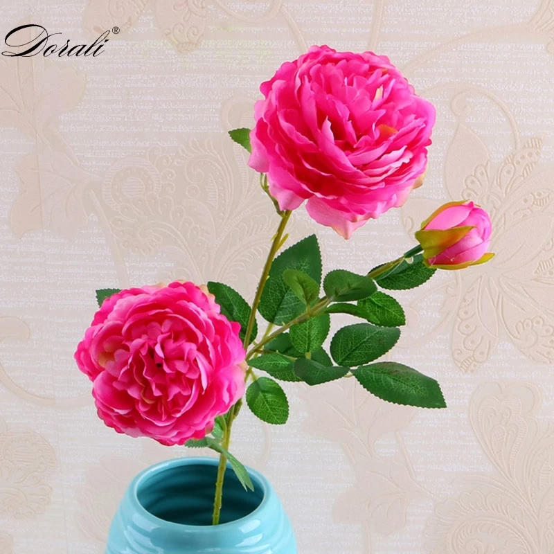 rose red Искусственные розы шелковые цветы, Пионы DIY длинная ветка 3 головки пионы поддельные цветы Искусственные цветы Свадьба сценическая фоновая Декорация - Цвет: rose red