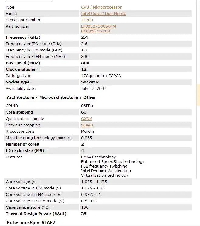 Intel Core 2 Duo T7700 ноутбук процессор ноутбук PGA 478 CPU работает исправно