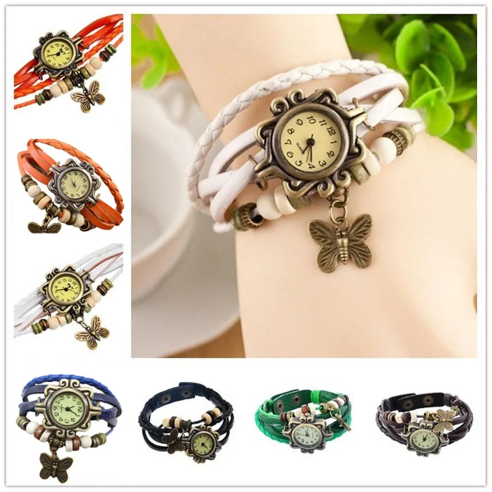 Коричневый ретро плетение обертывание леди бисера Бабочка мотаться браслет