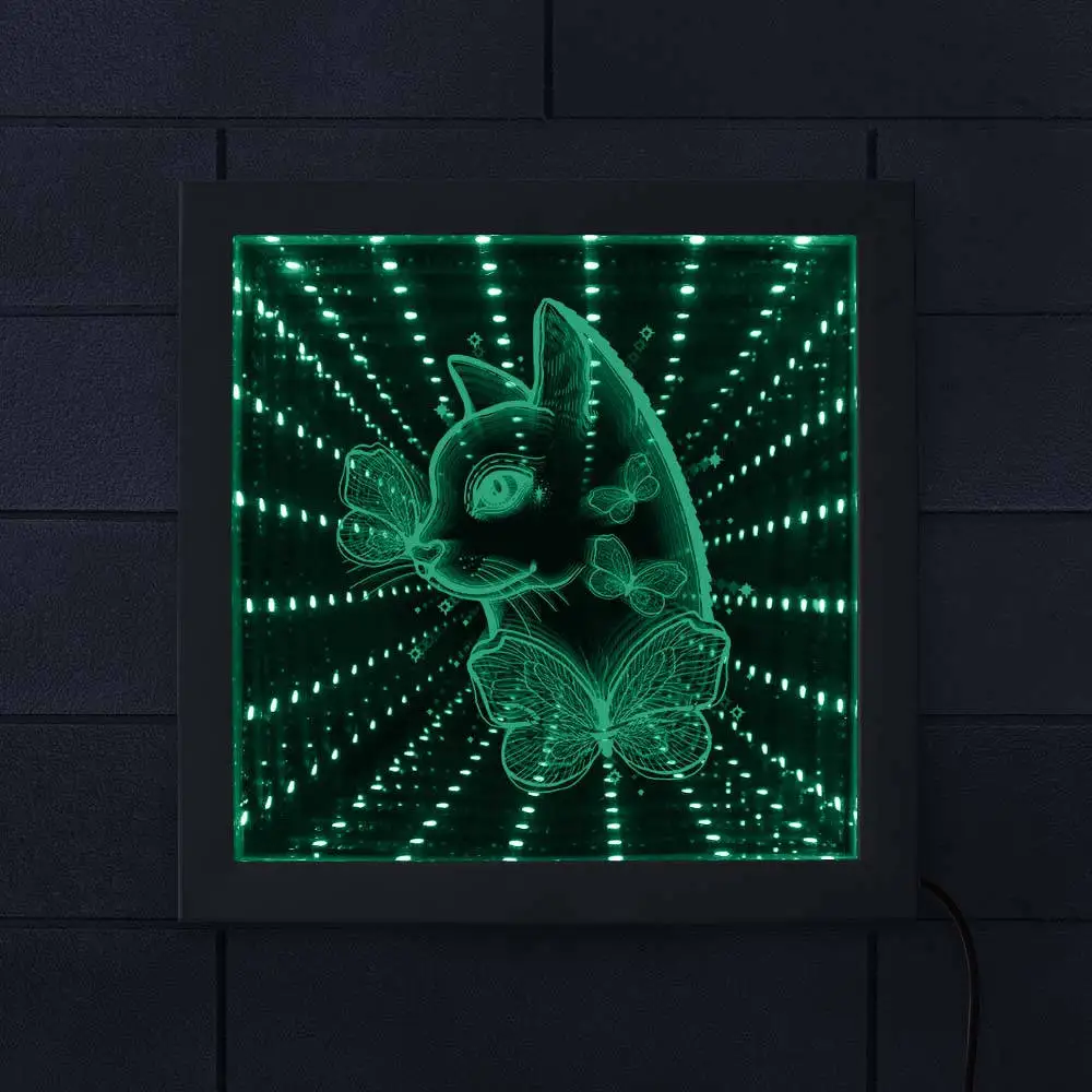 Кошка с бабочкой RGB светодиодный зеркальный каркас бесконечное пространство