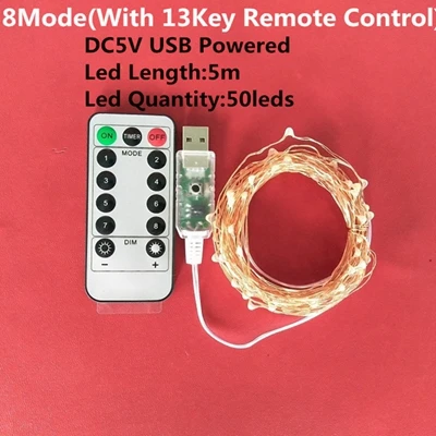 Светодиодная гирлянда 5/10 M/20 M 50/100 Led USB 8, СВЕТОДИОДНАЯ Гирлянда для управления, сказочные гирлянды для свадьбы, Рождества, праздника, декоративные лампы - Испускаемый цвет: 8Mode 5m(with 13key)