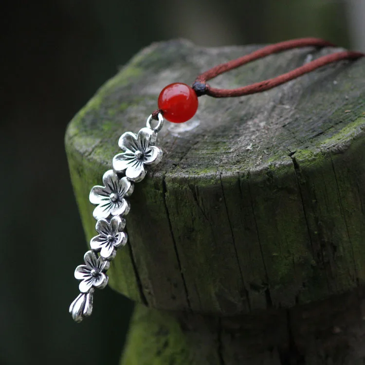 Simple Trendy Tibetan Silver Flower Styling Initial Necklace Jewelry Vintage Natural Red Stone Women's Necklaces Pendants | Украшения и