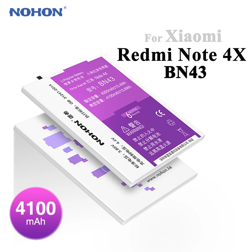 

Аккумулятор NOHON для XiaoMi RedMi Note 4X, 4100 мАч, сменная батарея большой емкости для XiaoMi RedMi Note 4X, BN43, HongMi Note4X, 3,85 В, с упаковкой и инструментами