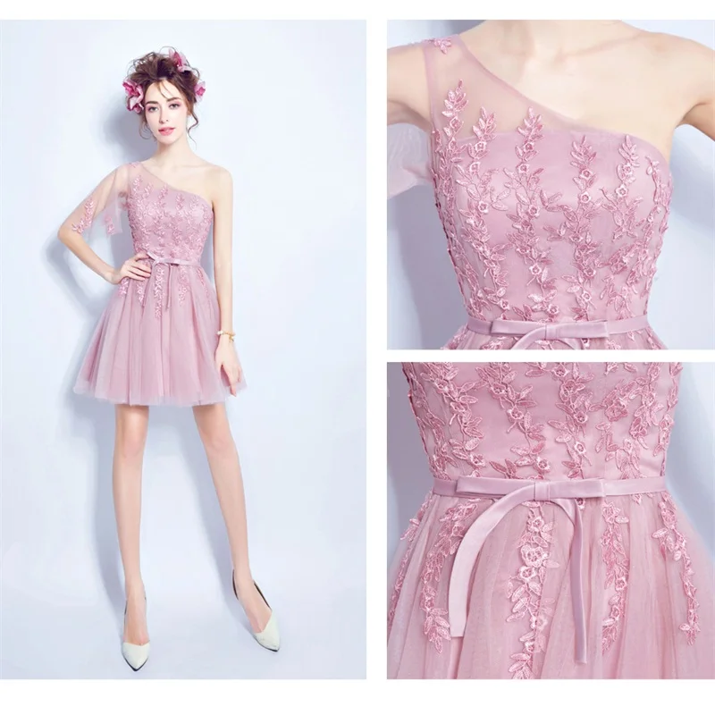 

Brand New Bridesmaid Dresses with Appliques One Shoulder Wedding Party Dress Short Evening Bride Ball Prom Dress Formal Gown
