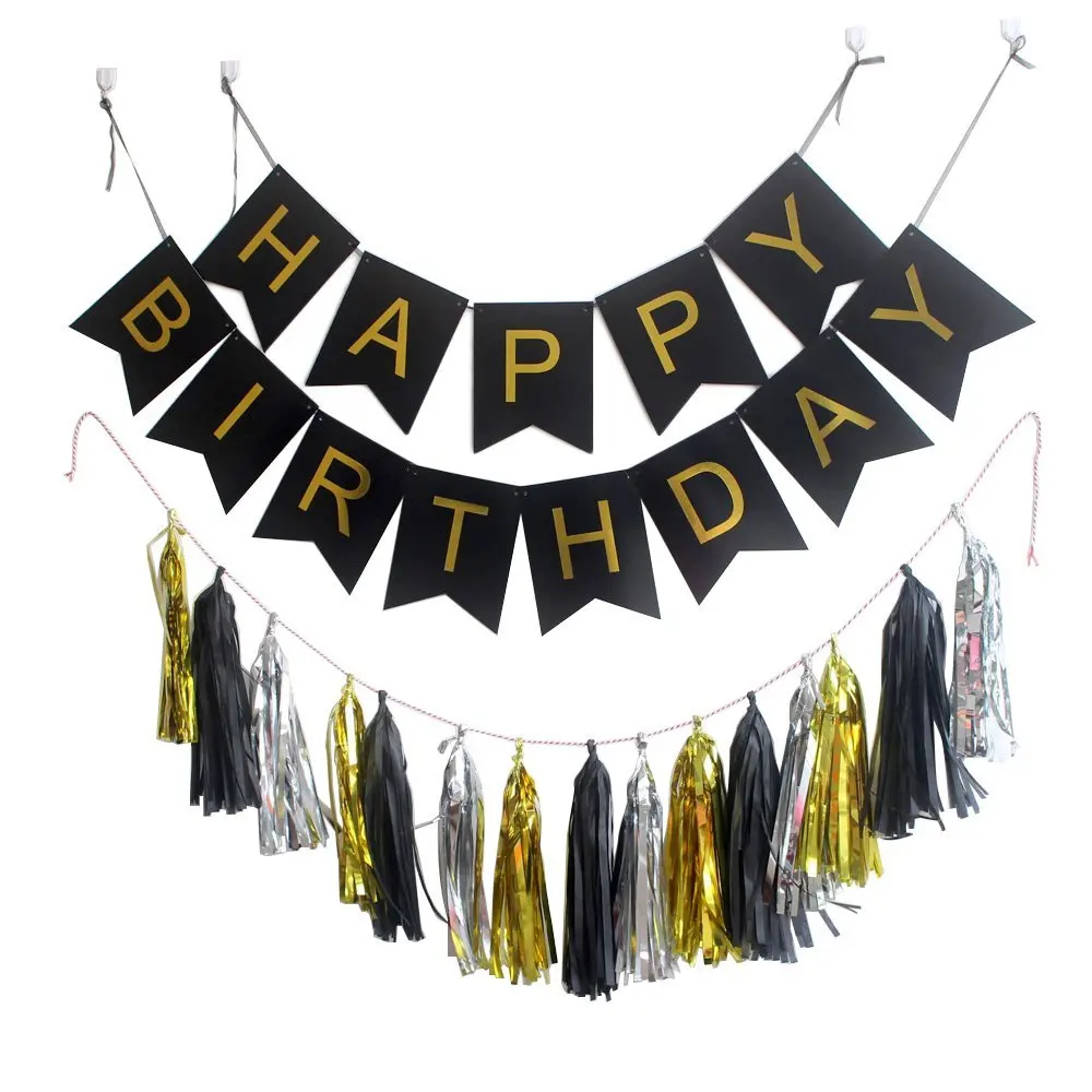 Party Garland with Pack 15 tissue paper Tassels Pink/White/Mint Colors Happy Birthday Bunting Banner Gold Letters | Дом и сад