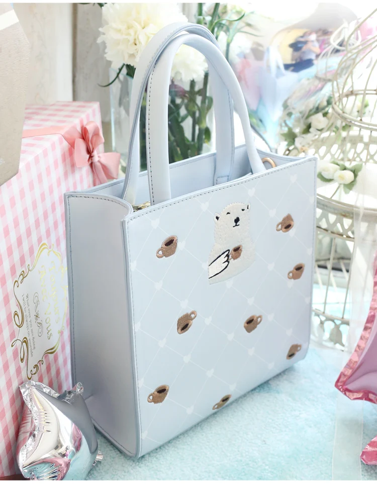 Fashion Women's PU Leather Handbags Ladies Cartoon Polar Bear Coffee Embroidery Tote Shoulder Purse Girl's Shopping Bags | Багаж и