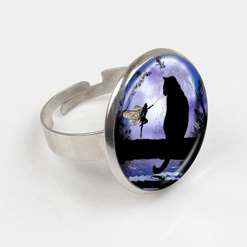 Cute Grey Fairy Cat Photo Ring Angel Wing Kitten Jewelry Animal Sweater Glass Dome Jewellery | Украшения и аксессуары