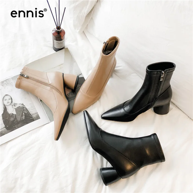 ENNIS Fashion Stretch Ankle Boots Women High Heel Boots Genuine Leather Boots Pointed Toe Shoes Autumn Winter Black A985