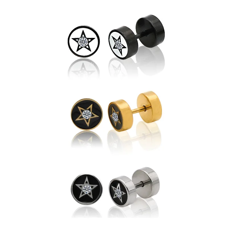

60pcs New Arrive 316L Stainless Steel Titanium Gold-color 5 stars Black Steel Flowers Retro Dumbbell Earrings Free Shipping