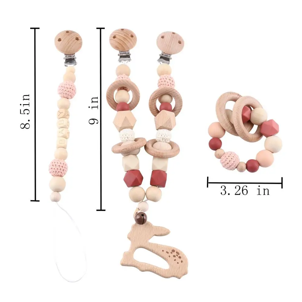 Peachy Set Комплект из 3 предметов деревянные кольца браслет Детские Силиконовые Прорезыватели для соски с цепочкой, держатели детские игрушки коляска корзина цепи Товары для детей - Цвет: Peachy Set