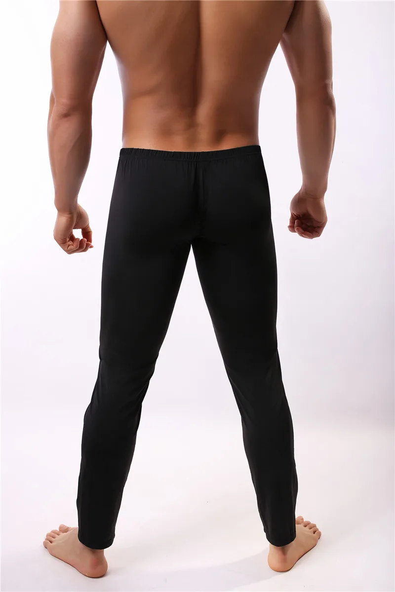 Men Long Johns Sexy Ice Silky U Convex Mens Under Pants Bottoms Pajama Middle Waist Tight Legging Pouch Warm Long Johns