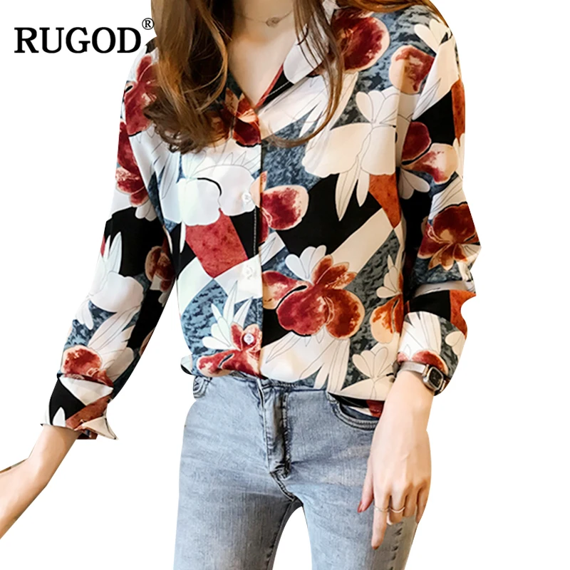 RUGOD M 4XL размера плюс Корейская блузка с цветочным принтом для женщин 2018 Летняя