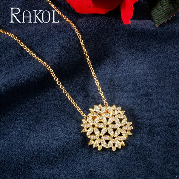 Gold Color RAKOL знаменитый дизайн проложили CZ Цветочное Ожерелье-цепочка Великолепный золотой цвет кулон Свадебные украшения RN02047 - Окраска металла: Gold Color