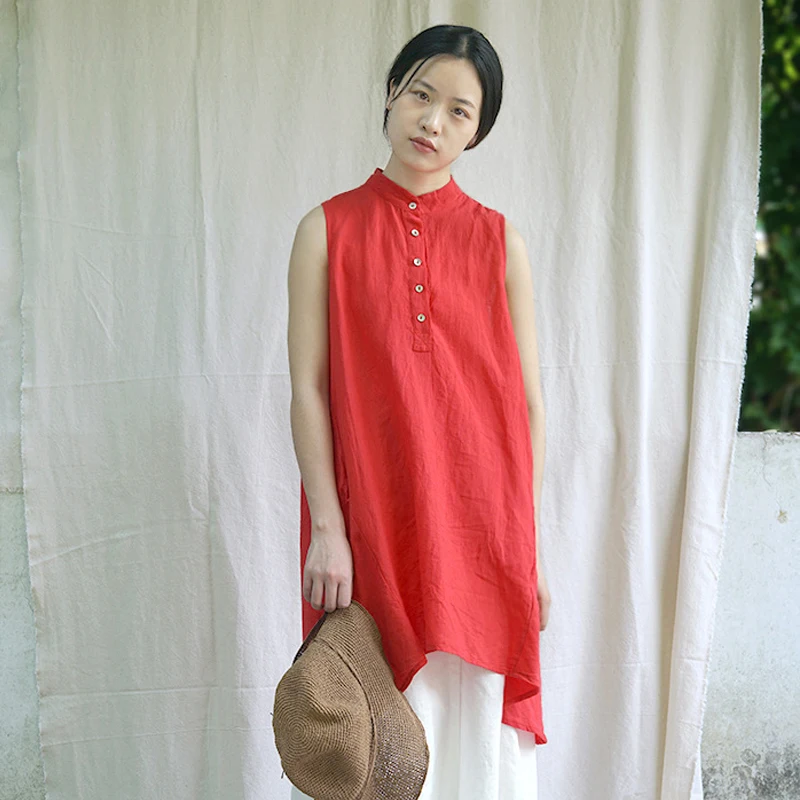 Johnature 2021 Summer New Stand Women Solid Color Shirt Dress Button Sleeveless Clothes Vintage Casual Cotton Linen Vest Dresses | Женская