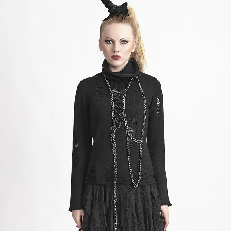

Punk Women Sweater Black Hollow Out Pullovers Pull Femme Hiver Wool Knitted Turtleneck Sweaters New Fashion