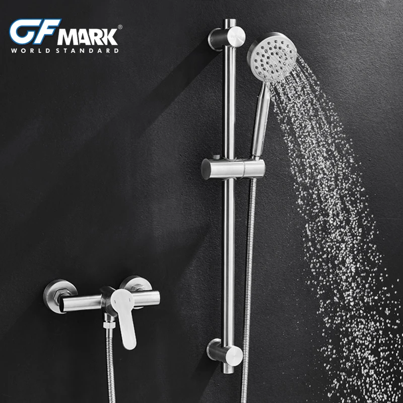 

GFmark Shower Set Faucet SUS304 Stainless Steel Adjustable Height Tube Bathroom Mixer Tap Hand Shower Head Brushed Shower Sets