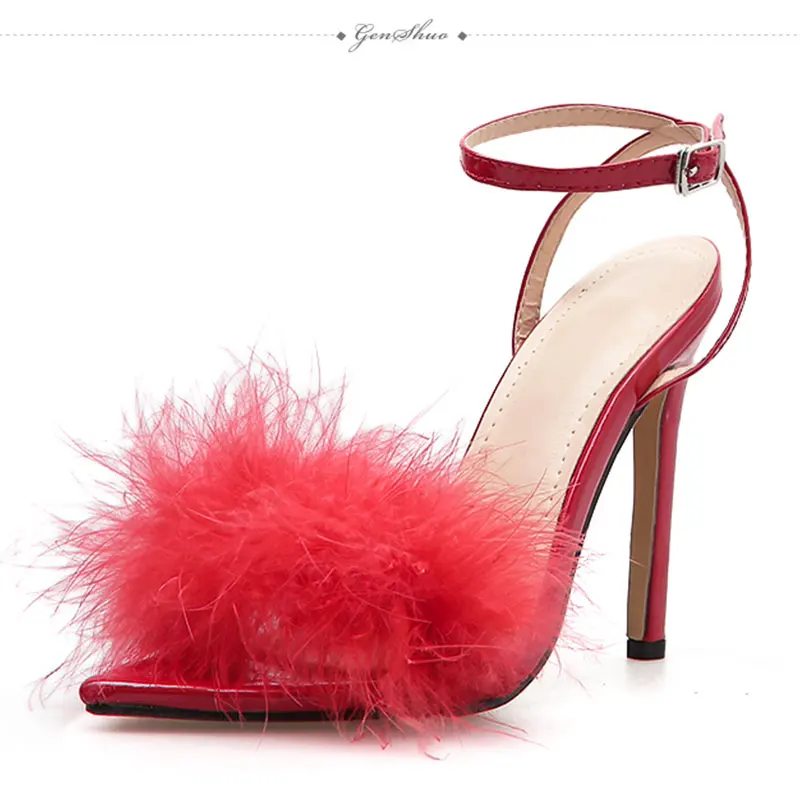 GENSHUO туфли на высоком тонком каблуке; Sandalias sapatos femininos; римские Туфли-гладиаторы с открытым носком; женские туфли на шпильке с ремешком на щиколотке; Цвет черный, красный
