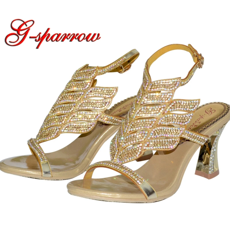 

Wheat Rhinestone Style Wedding Sandals Thick Heels Summer Ladies Sandal Open Toe High Heel Shoes with Ankle Strap