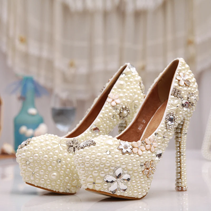 Туфли женские с жемчугом высокий каблук круглый носок шпилька платформа