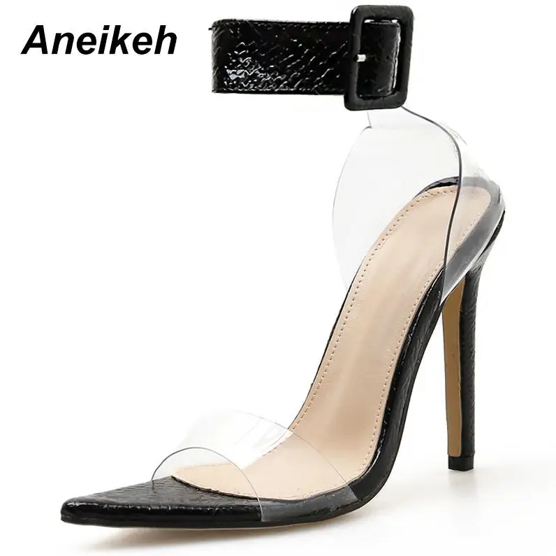 black Aneikeh/ г. летние прозрачные босоножки с пряжкой и ремешком из ПВХ пикантные сандалии с острым носком на высоком каблуке с змеиным узором вечерние туфли-лодочки 11 см - Цвет: black