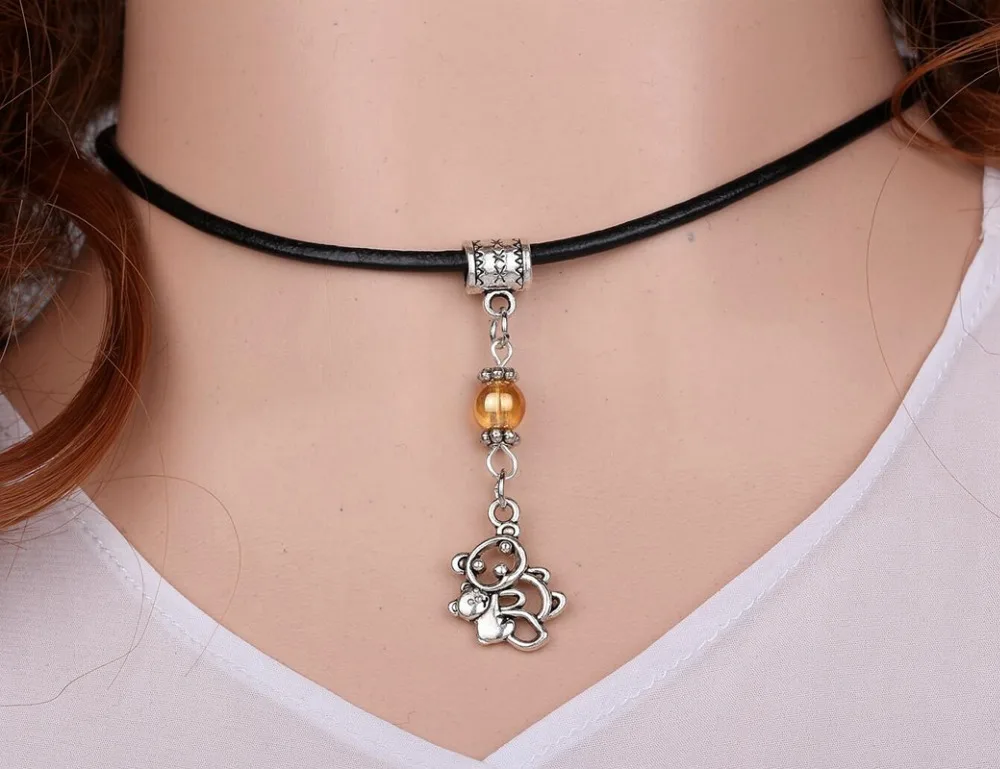 Mother Son Bear Necklace Glass Charms Collar Vintage Silver Black Leather Choker Pendants DIY For Women Jewelry | Украшения и