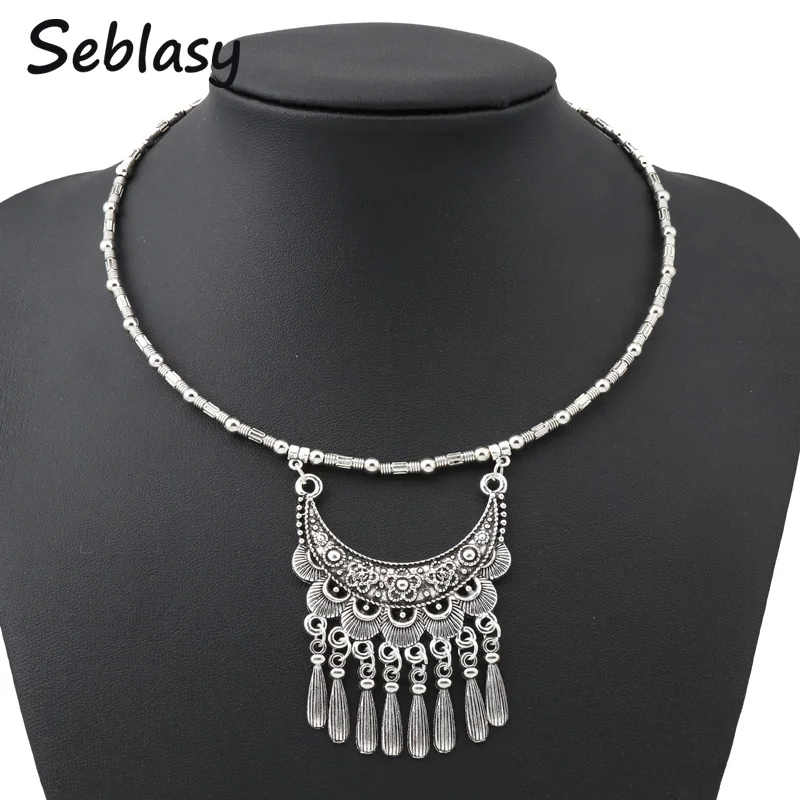 

Seblasy Vintage Gypsy Tibet Silver Color Statement Stripes Flowers Tassel Necklaces Pendants for Women Ethnic Femme Bijoux Colar