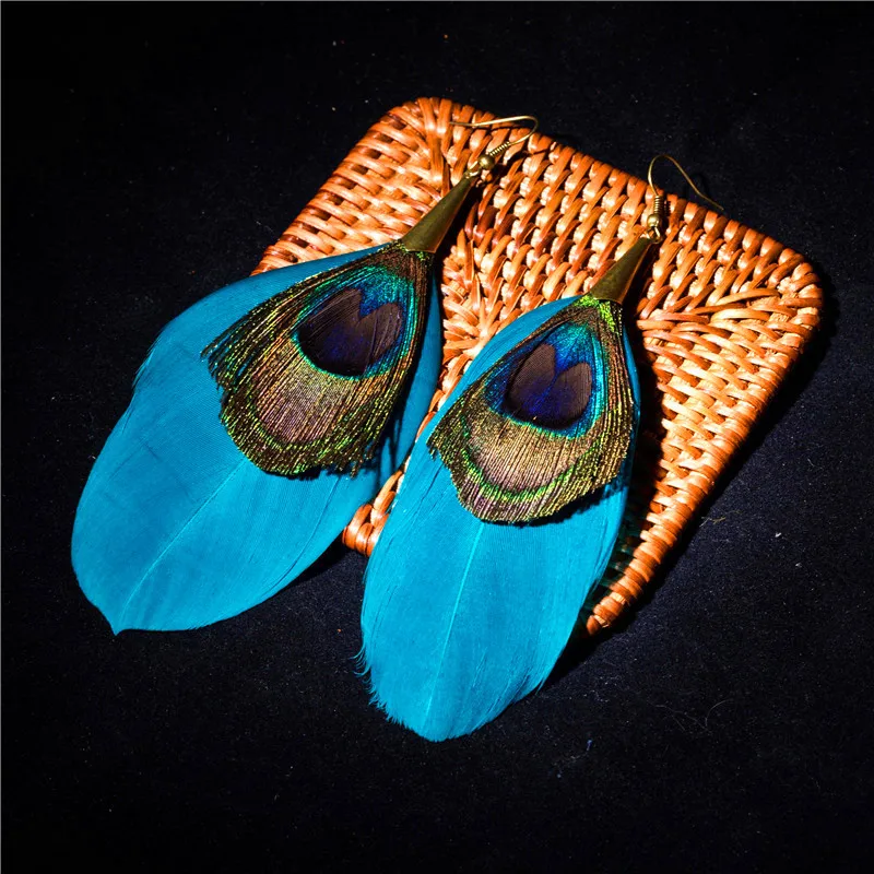 Женские серьги с синими перьями в этническом стиле|feather earrings for women|blue feather earringsfeather