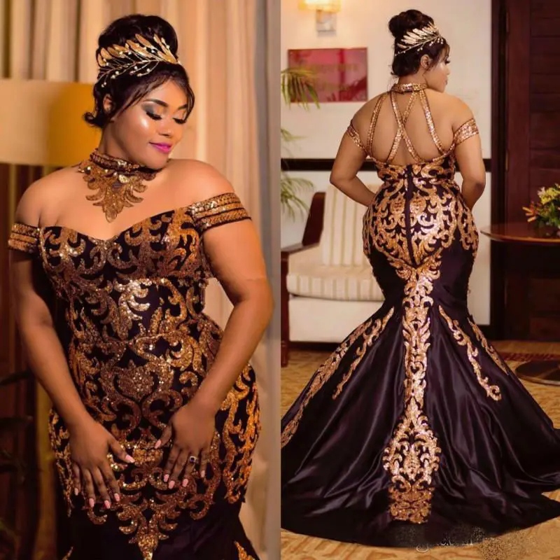 

Sparkly Gold Sequined Mermaid Prom Dresses 2020 Plus Size Halter Off The Shoulder African Formal Dress Satin Sweep Train