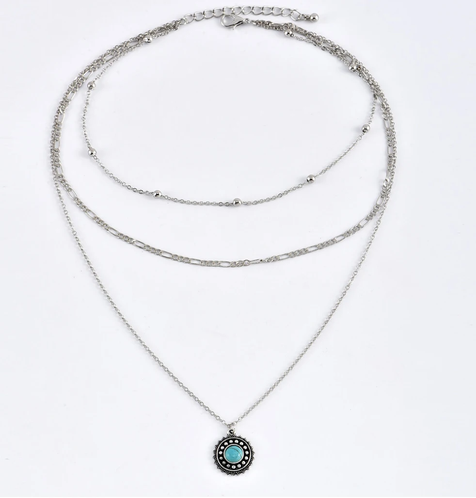 Трехслойное ожерелье из бисера Фигаро Цепь камень наклеенный круглый кулон