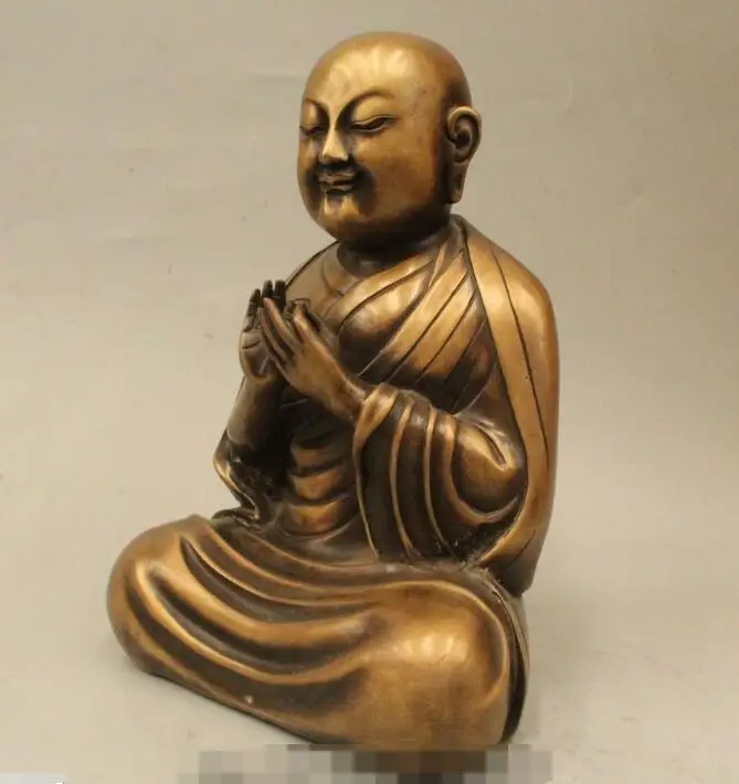 

S03829 10" Chinese Buddhism Pure Bronze Seat Monk bonze shaveling Buddha Bless Statue