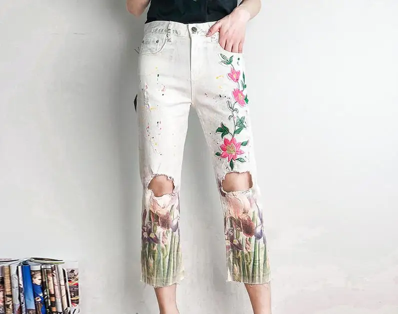 Summer Spring Women White Ripped Hole Printed Floral Pattern Ankle Length Denim Pants Woman Flower Jeans Trousers | Женская одежда