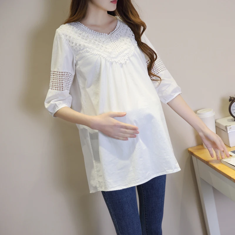 Футболки для беременных с кружевными вставками Весенняя мода свободная одежда