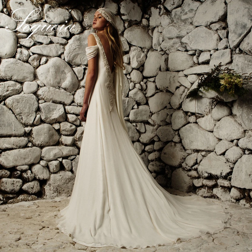 Сексуальный шеи без рукавов открыть задолго шифон пляж свадебное платье с бусины