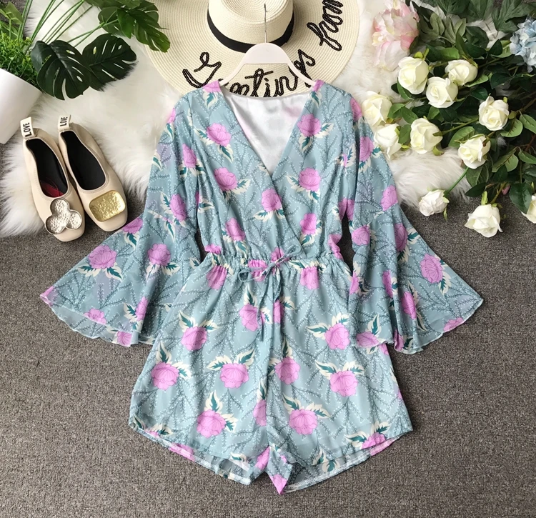Цветочный короткий женский комбинезон с v-образным вырезом, пляжный Boho с принтом, с рюшами, сексуальный корейский элегантный шифоновый ромперы-туники, летний женский комбинезон