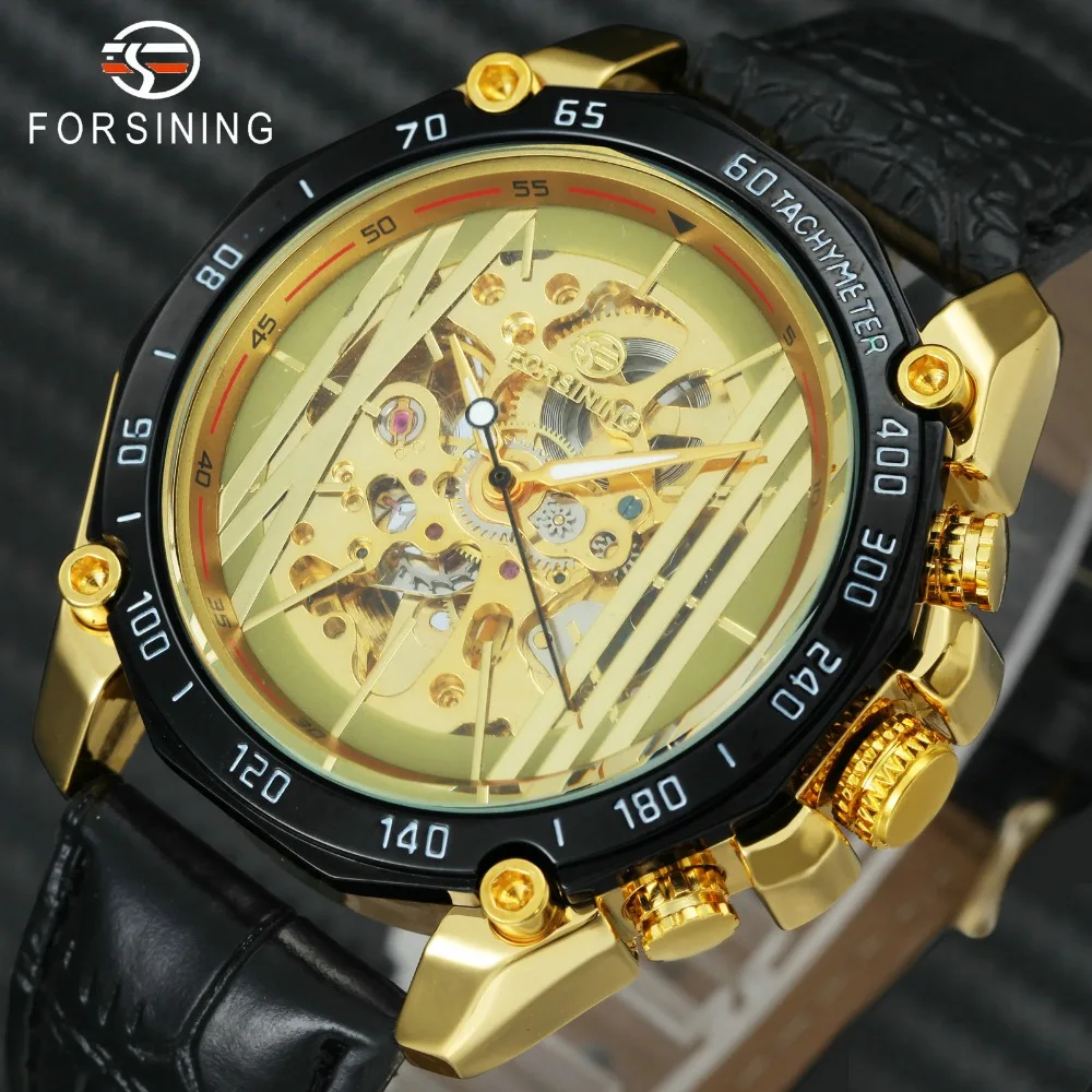 FORSINING Fashion Royal Auto Mechanical Watch Men Leather Strap Golden Skeleton Mens Watches Top Brand Luxury relogio masculino | Наручные