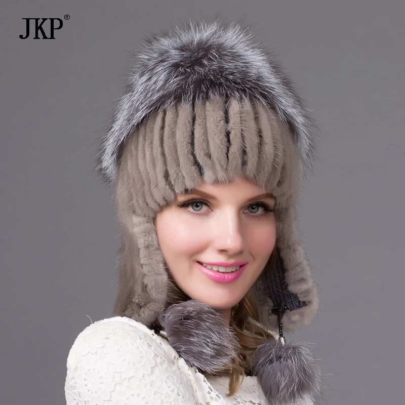 

Russia Women hats winter genuine mink fur hat with Fox fur pom pom knitted skullies beanies fur caps