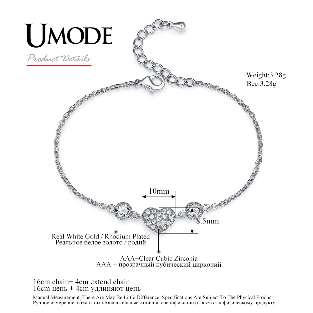 UMODE браслет в форме сердца, цепочка, браслеты для женщин, циркониевый браслет, модные украшения, подарки, аксессуары, бижутерия UB0119B