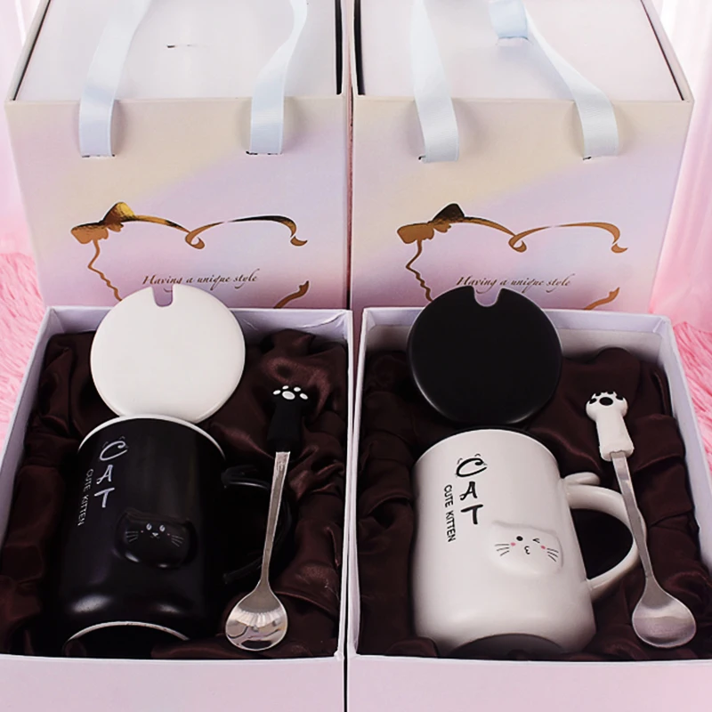 Пара керамических кружек с крытой ложкой кошачий захват креативный
