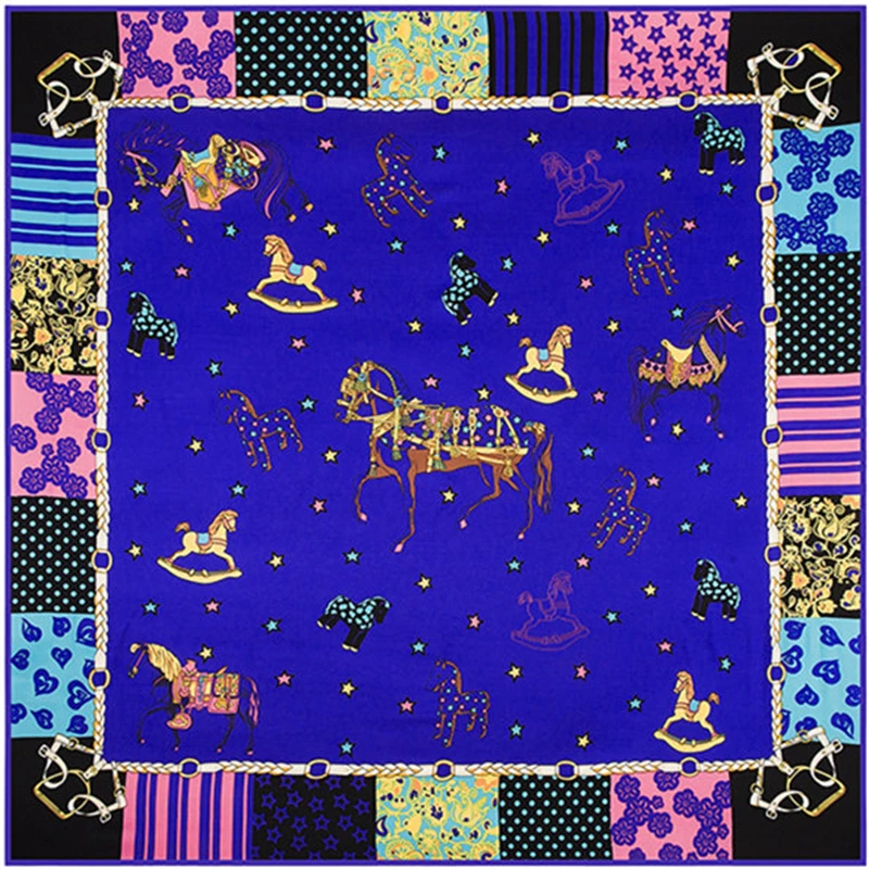 Саржевый Шелковый квадратный шарф Европейский флуоресцентный с принтом лошади и