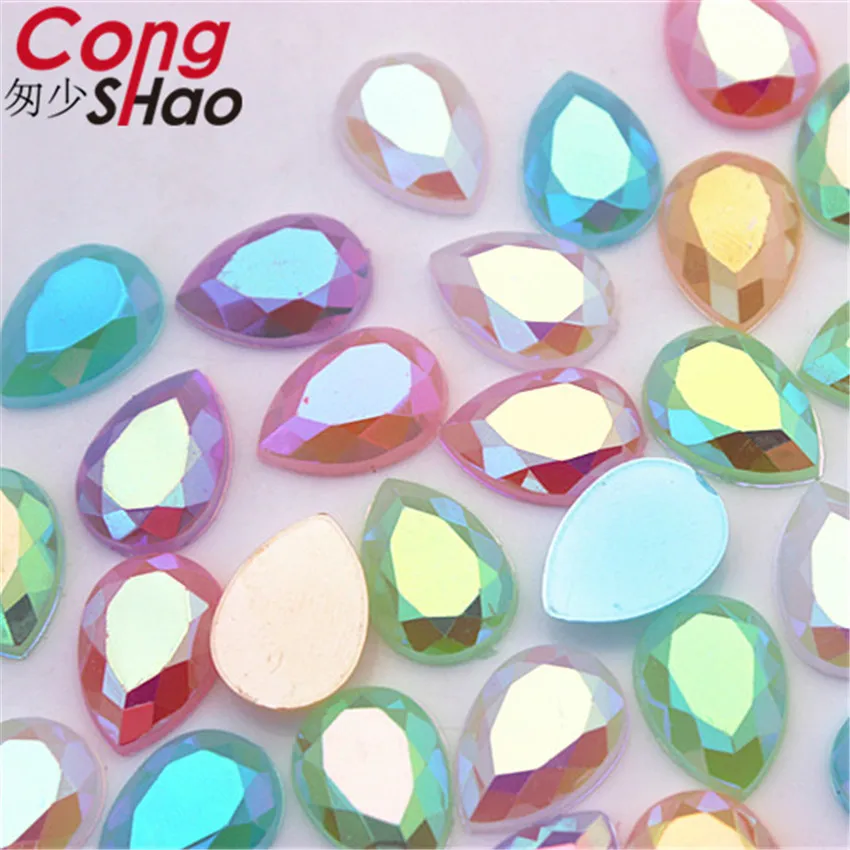 Прозрачные цветные акриловые стразы Cong Shao 50 шт. 10*14 мм AB с плоским основанием