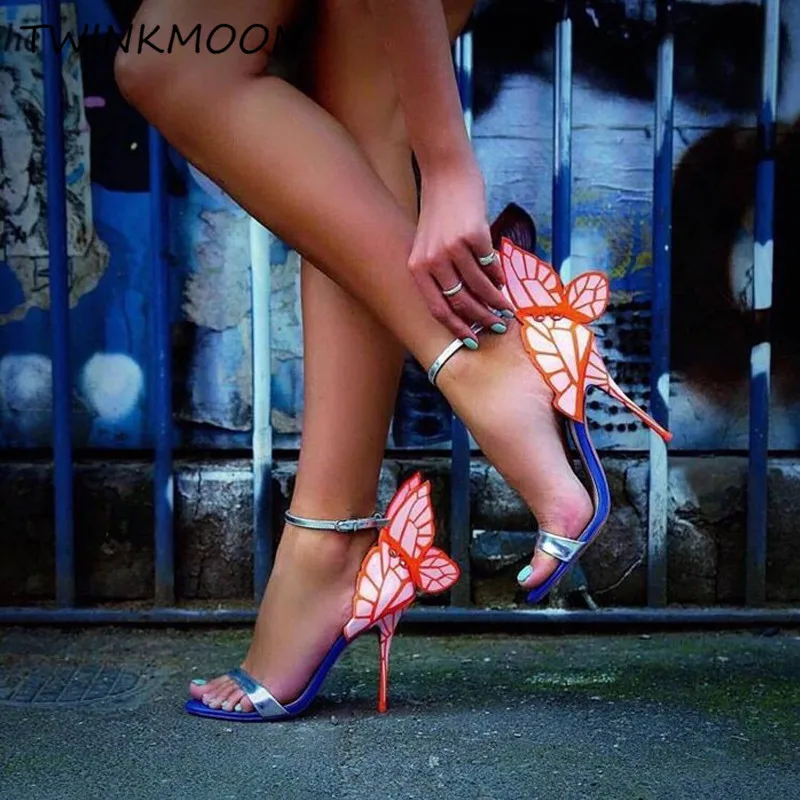 Дизайнерские женские босоножки с крыльями бабочки туфли на высоком каблуке