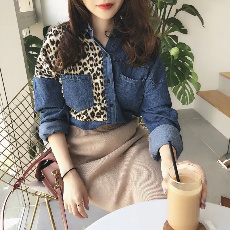 Женские джинсовые блузки с длинным рукавом повседневные Лоскутные Топы большого