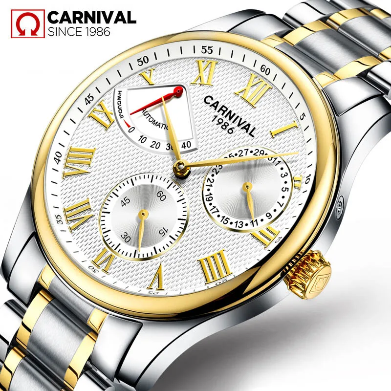 Gold White Seiko, автоматические мужские часы t Carnival, Топ бренд, роскошные мужские механические часы, мужские часы, ремешок из нержавеющей стали, мужские часы - Цвет: Gold White