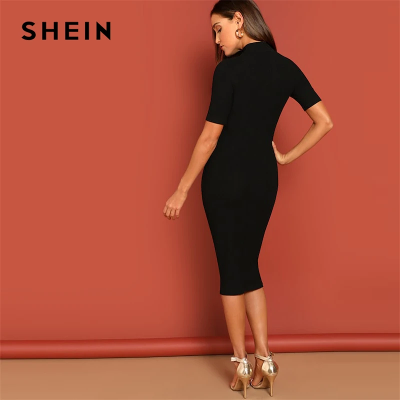 SHEIN Рельефное-Вязаное Стильное Платье Со Стоячим Воротником Твердое Платье Женщины Весна С Коротким Рукавом Повседневные Платья