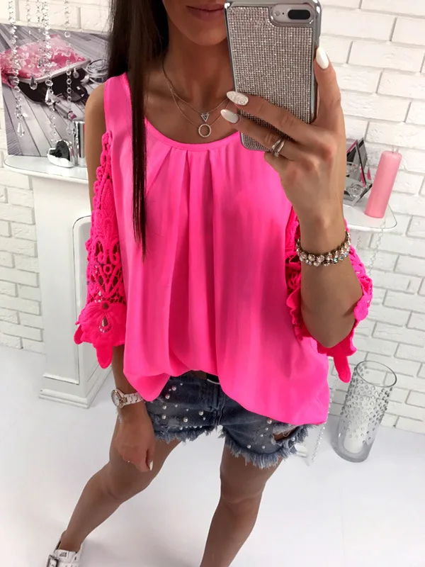 Блузка женская с открытыми плечами кружевная рубашка рукавами-фонариками