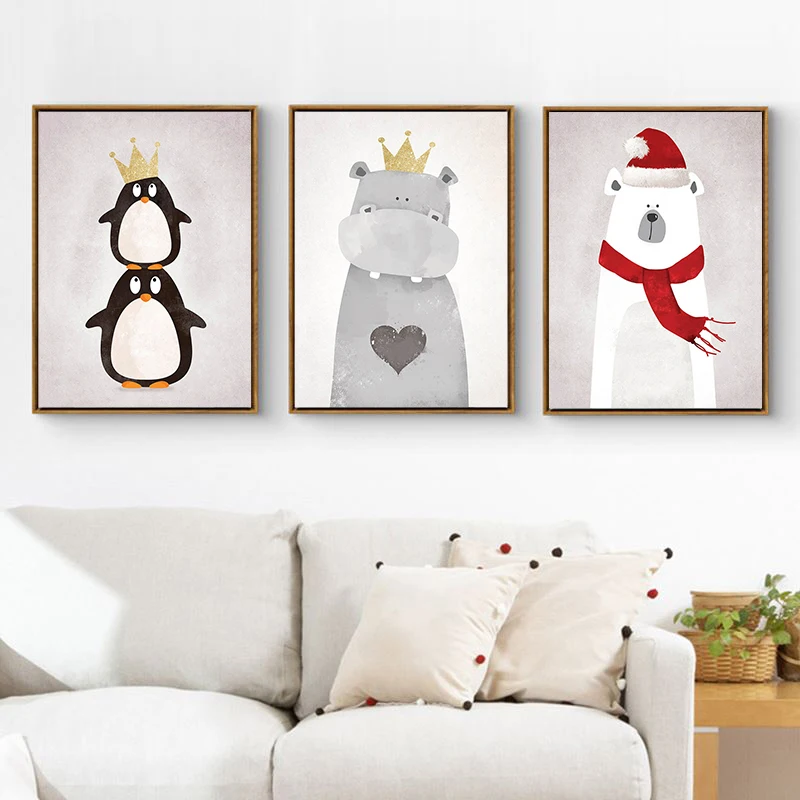 Modern Nordic Kawaii Bear Hippo Bird Animal Art Prints Poster Cartoon Wall Pictures Canvas Painting No Framed Kids Room Decor | Дом и сад