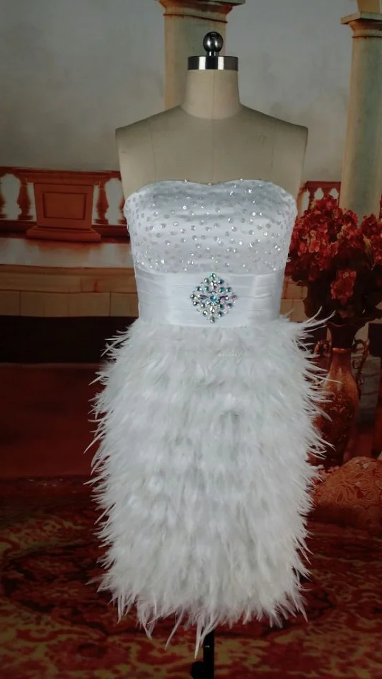 2014 New Arrival Short White Feather ostrich Sample Beaded Real Picture of Cocktail Dress |