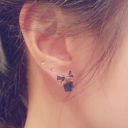 Женские серьги кубики Ушная клипса с милым бантом и кристаллами без пирсинга